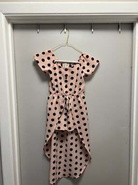 Monteau Girl Pink and Black Polka Dot Romper with Maxi Overlay.  
Size 4